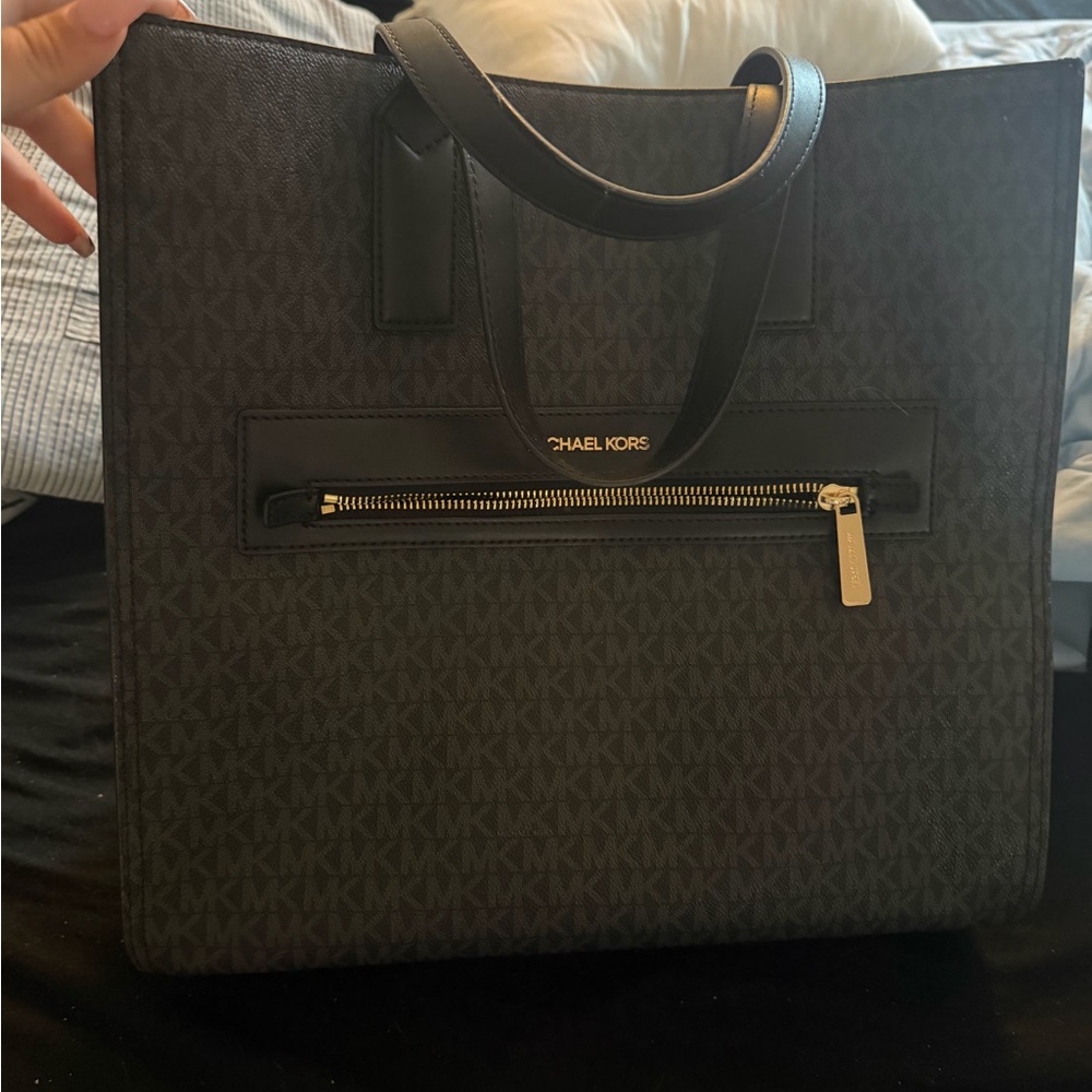 Michael Kors Black MK Logo Laptop Tote with Gold Hardware